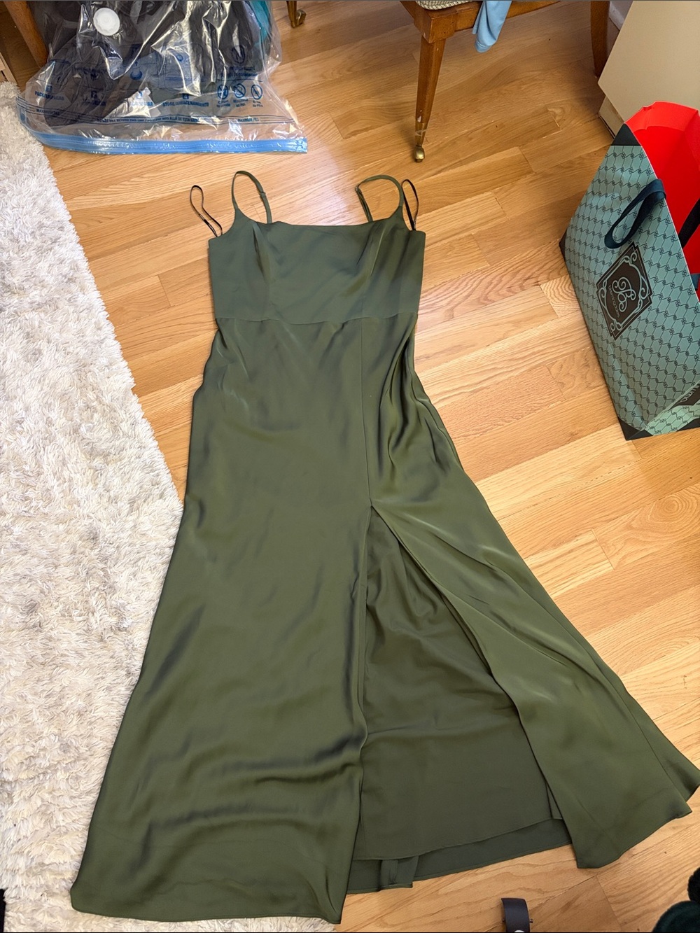 Birdy Grey Olive Green Midi Slip Dress with Side Slit